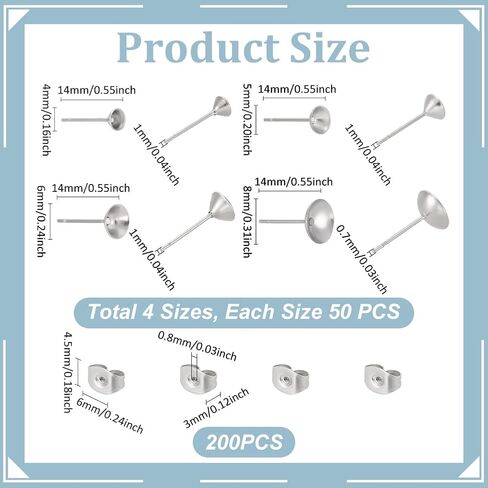 UNICRAFTALE About 200pcs 4 Sizes Stainless Steel Stud Earring Findings Flat Round Stud Earring Posts Pearl Cup Glue On Post Earrings Pins with Ear Nuts for Earrings Making in Saudi Arabia