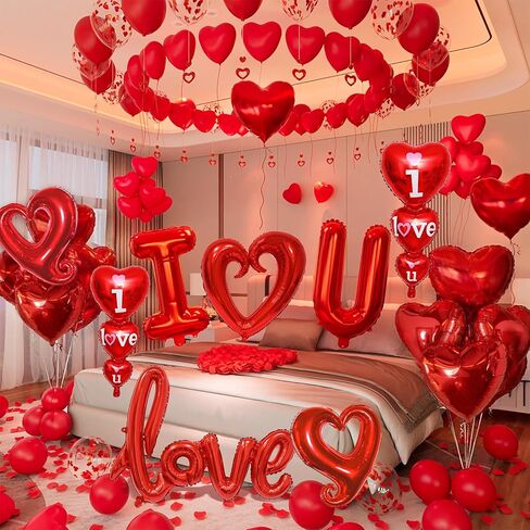 1126pcs Valentines Day Balloon Kit, I Love You Balloons, Red Heart Balloons, Confetti Balloons with Rose Petals, Heart Hanging for Valentines Anniversary Day Wedding Romantic Decorations Special Night in Saudi Arabia