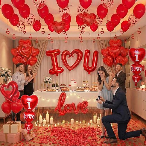 1126pcs Valentines Day Balloon Kit, I Love You Balloons, Red Heart Balloons, Confetti Balloons with Rose Petals, Heart Hanging for Valentines Anniversary Day Wedding Romantic Decorations Special Night in Saudi Arabia