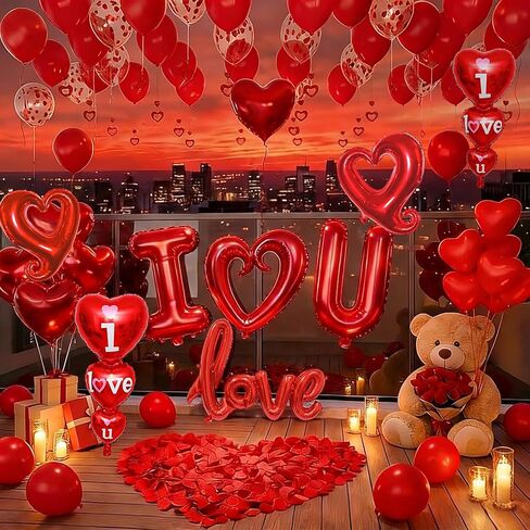 1126pcs Valentines Day Balloon Kit, I Love You Balloons, Red Heart Balloons, Confetti Balloons with Rose Petals, Heart Hanging for Valentines Anniversary Day Wedding Romantic Decorations Special Night in Saudi Arabia