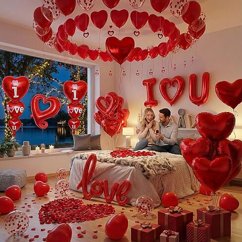 1126pcs Valentines Day Balloon Kit, I Love You Balloons, Red Heart Balloons, Confetti Balloons with Rose Petals, Heart Hanging for Valentines Anniversary Day Wedding Romantic Decorations Special Night in Saudi Arabia