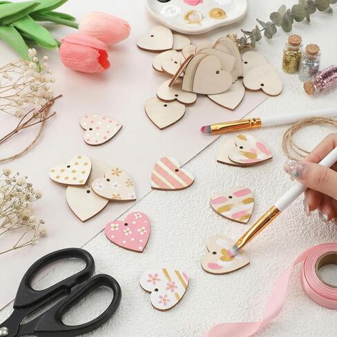 cobee 100PCS Wooden Hearts for Crafts, Wood Unfinished Hearts with Holes, 1.3in Wooden Unfinished Heart Decorations for DIY Valentine Arts Wedding Card Making Crafts Decoration in Saudi Arabia