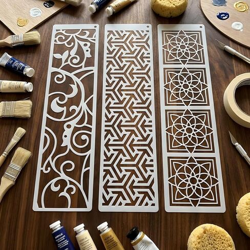استنسل نسيج هندسي للرسم، 12 قطعة 11.8 × 3 استنسل حدود زخرفية بلاستيكية للحرف اليدوية قابلة لإعادة الاستخدام، قوالب رسم للرسم على أثاث قماش الحائط الخشبي، ديكور المنزل بنفسك in Kuwait