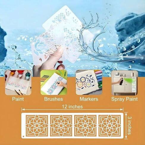 استنسل نسيج هندسي للرسم، 12 قطعة 11.8 × 3 استنسل حدود زخرفية بلاستيكية للحرف اليدوية قابلة لإعادة الاستخدام، قوالب رسم للرسم على أثاث قماش الحائط الخشبي، ديكور المنزل بنفسك in Kuwait