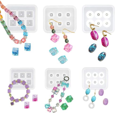 Beads Resin Molds , 6 Pcs Square Ellipse Rhombus Holes Silicone Molds with Hole Kit for Uv Resin Beads DIY Gemstone Bracelet Necklace Earrings Jewelry Making Clay in Saudi Arabia