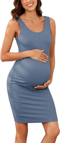 Ecavus Maternity Tank Dress, Maternity Bodycon Dress with Side Ruching | soft ribbed fabric,stretchy pregnancy fit,baby shower essential,all-stage pregnancy wear in Kuwait