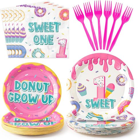 Donut Tableware Party Supplies - 96Pcs Sweet One Tableware Decorations Donut Grow Up Desserts Themed Disposable Paper Plates Napkins Forks for Kids Girl 1st Birthday Baby Shower Serve 24 in Saudi Arabia