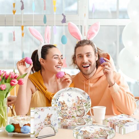 100 قطعة من أطباق عيد الفصح وأطباق عيد الفصح والمناديل تتضمن 50 قطعة من أطباق ورقية عيد الفصح البيضاوية ومناديل عيد الفصح وطبق ومنديل عيد الفصح للاستعمال مرة واحدة على شكل أرنب لتزيين الأكل السعيد. in Kuwait