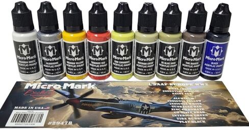 Micro-Mark USAAF Europe WW2 Essential Acrylic Paint Set, 9 Colors, Made in USA, Aircraft Model Paint Kit with Insignia Yellow, White, Tuskegee Red, Zinc Chromate in Saudi Arabia