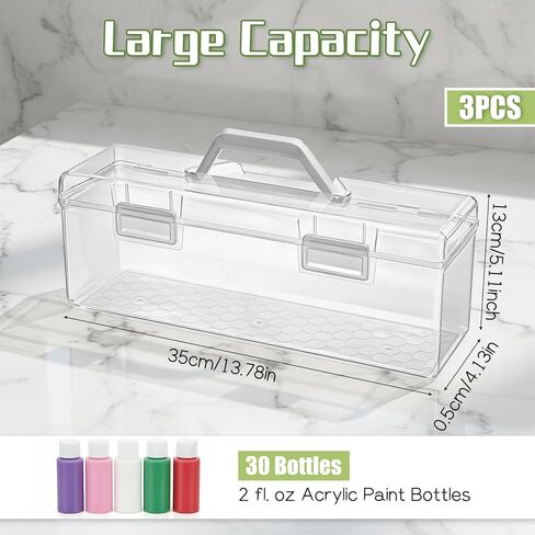 SHENLIU 3 Pcs Acrylic Paint Storage Box, 30 Bottles Capacity Acrylic Paint Organizer for 2 fl. oz Bottles, Plastic Portable Craft Art Organizer with Handle Art Supply Clear Boxes in Saudi Arabia