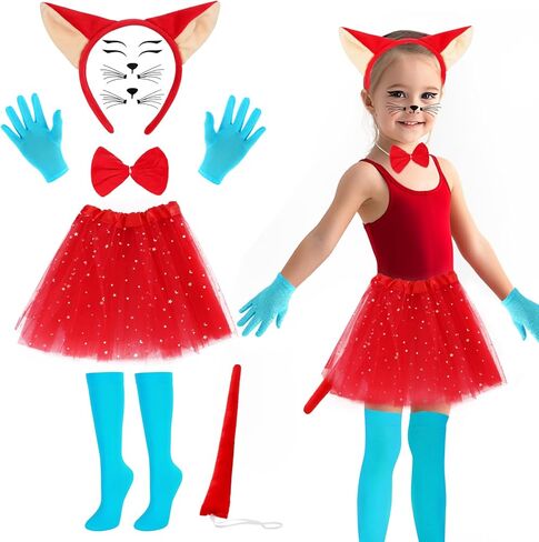 Kyson Girls Red Fox Costume Set-7Pcs Headband,Bowtie,Tail,Socks,Gloves,Tutu,Face Stickers for Halloween World Book Day in Kuwait