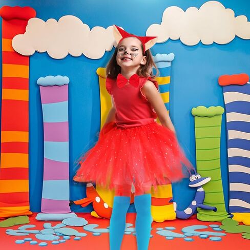 Kyson Girls Red Fox Costume Set-7Pcs Headband,Bowtie,Tail,Socks,Gloves,Tutu,Face Stickers for Halloween World Book Day in Kuwait