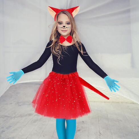 Kyson Girls Red Fox Costume Set-7Pcs Headband,Bowtie,Tail,Socks,Gloves,Tutu,Face Stickers for Halloween World Book Day in Kuwait