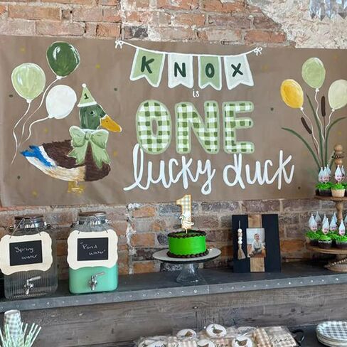 غلاف كعكة Wild Duck One - غلاف كعكة خشبي Lucky Duck واحد، ديكور حفلات عيد الميلاد الأول من Mallard، قماش قطني أخضر رقم 1 لعيد الميلاد الأول، مستلزمات الحفلات بطابع حيوانات المزرعة (أخضر) in Kuwait