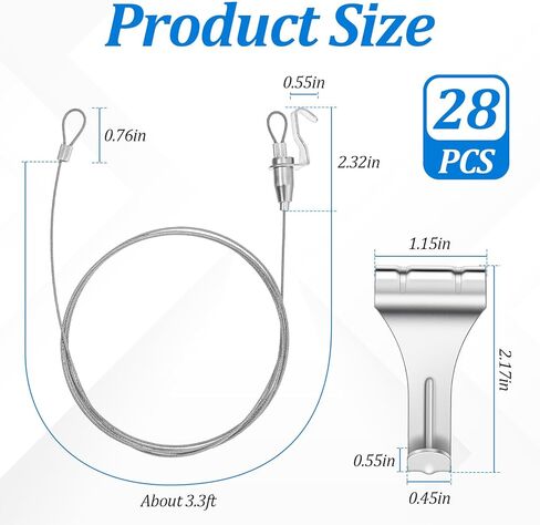 28 Pack Picture Rail Hanging System, 66 lb Max Load, 3.3ft Stainless Steel Hanging Wire with Loops & Adjustable Hooks, Damage-Free Wall Hang-ing Kit for Frames, Gallery, Art Displays (Silver) in Saudi Arabia