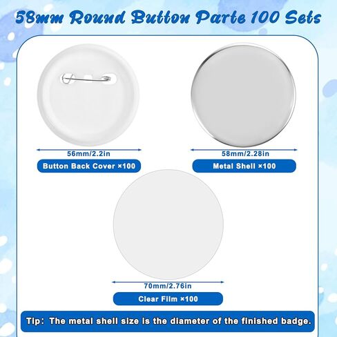 100 Sets 2.25 Inch Button Making Supplies 58mm Blank Badge Parts for Button Maker Machine Round Badge Buttons Pins Press Refills Includes Metal Cover Clear Film Plastic Base in Saudi Arabia