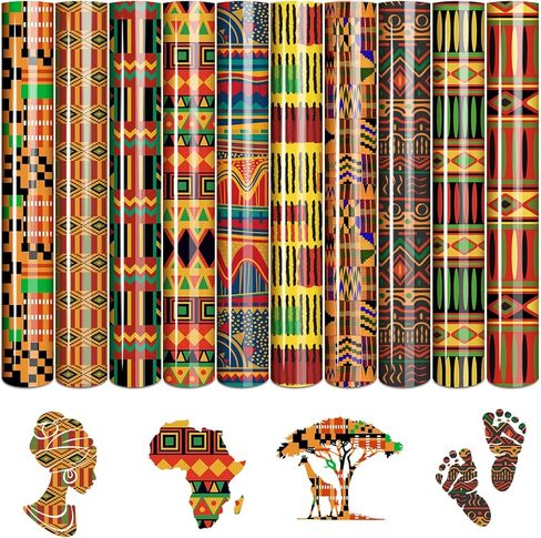 فينيل ناقل للحرارة من Tintnut Kwanzaa - 10 ورقات مقاس 12 بوصة × 10 بوصة بنمط هندسي أفريقي حديد على الفينيل من أجل تي شيرتات DIY وحقائب الملابس والقبعات والمشروعات اليدوية - متوافقة مع جميع آلات القطع in Saudi Arabia
