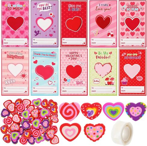 50 Set Valentines Cards with Heart Erasers Bulk, Mini Heart Erasers for Party Favor Gifts, Office Exchange Prize, Valentine's Sweet Greeting Cards in Saudi Arabia