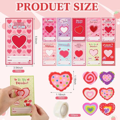 50 Set Valentines Cards with Heart Erasers Bulk, Mini Heart Erasers for Party Favor Gifts, Office Exchange Prize, Valentine's Sweet Greeting Cards in Saudi Arabia
