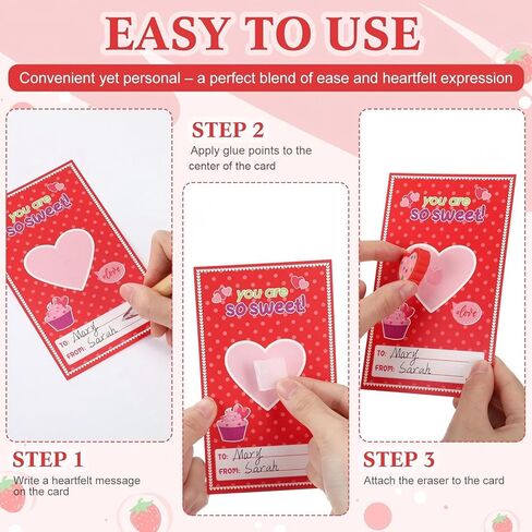 50 Set Valentines Cards with Heart Erasers Bulk, Mini Heart Erasers for Party Favor Gifts, Office Exchange Prize, Valentine's Sweet Greeting Cards in Saudi Arabia