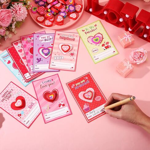 50 Set Valentines Cards with Heart Erasers Bulk, Mini Heart Erasers for Party Favor Gifts, Office Exchange Prize, Valentine's Sweet Greeting Cards in Saudi Arabia