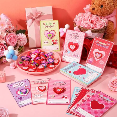 50 Set Valentines Cards with Heart Erasers Bulk, Mini Heart Erasers for Party Favor Gifts, Office Exchange Prize, Valentine's Sweet Greeting Cards in Saudi Arabia