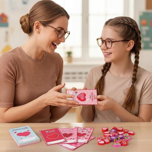 50 Set Valentines Cards with Heart Erasers Bulk, Mini Heart Erasers for Party Favor Gifts, Office Exchange Prize, Valentine's Sweet Greeting Cards in Saudi Arabia