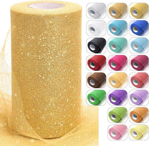 Gold Glitter Tulle Fabric Rolls, 6 Inch x 50 Yards Sparkling Spool Ribbon Sequin Netting for DIY Tutu Skirt Wedding Decoration Christmas Party Backdrop Gift Wrapping Bow Craft Supplies in Kuwait