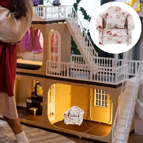 IMIKEYA 1:12 Dollhouse Couch Furniture: Dollhouse Sofa Couch Miniature Living Room Furniture Doll House Fabric Printed Sofa with Pillow and Living Room Accessories in Saudi Arabia