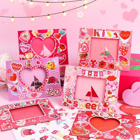 DERAYEE 24 Pack Valentines Picture Frame Craft Kits with Stickers, DIY Sweet Love XOXO Heart Paper Photo Frames for Kids Valentine's Day Gifts School Classroom Activities in Saudi Arabia