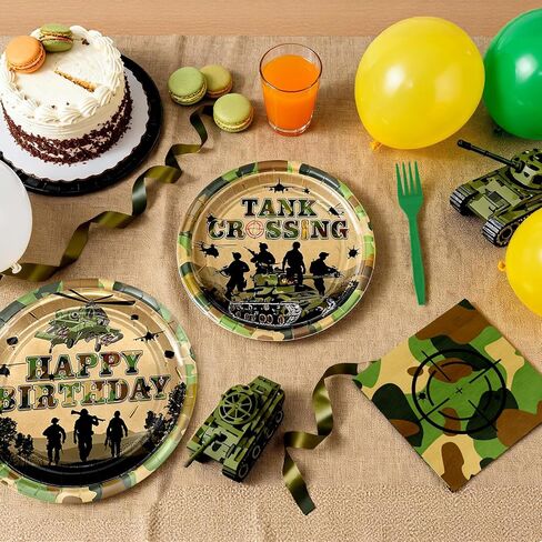 Avezano 96 pcs Camo Birthday Party Decorations Army Birthday Party Plates and Napkins Disposable Camouflage Party Dessert Dinnerwares Serve 24 Guests in Saudi Arabia