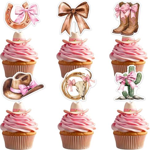 36PCS Bow Western Cowgirl Cupcake Toppers for Girls Women, Brown Pink Disco Bowknot Theme Cupcake Picks Cake Decorations for Birthday Baby Shower Bachelorette Party Supplies in Saudi Arabia