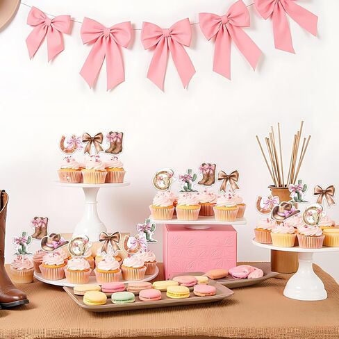 36PCS Bow Western Cowgirl Cupcake Toppers for Girls Women, Brown Pink Disco Bowknot Theme Cupcake Picks Cake Decorations for Birthday Baby Shower Bachelorette Party Supplies in Saudi Arabia