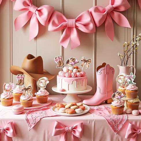 36PCS Bow Western Cowgirl Cupcake Toppers for Girls Women, Brown Pink Disco Bowknot Theme Cupcake Picks Cake Decorations for Birthday Baby Shower Bachelorette Party Supplies in Saudi Arabia