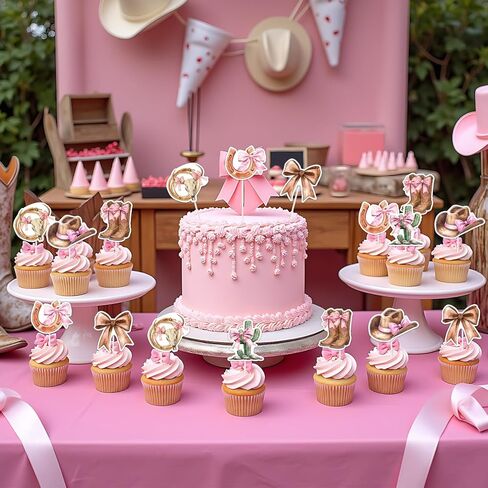36PCS Bow Western Cowgirl Cupcake Toppers for Girls Women, Brown Pink Disco Bowknot Theme Cupcake Picks Cake Decorations for Birthday Baby Shower Bachelorette Party Supplies in Saudi Arabia