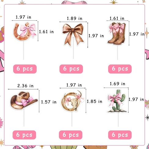 36PCS Bow Western Cowgirl Cupcake Toppers for Girls Women, Brown Pink Disco Bowknot Theme Cupcake Picks Cake Decorations for Birthday Baby Shower Bachelorette Party Supplies in Saudi Arabia