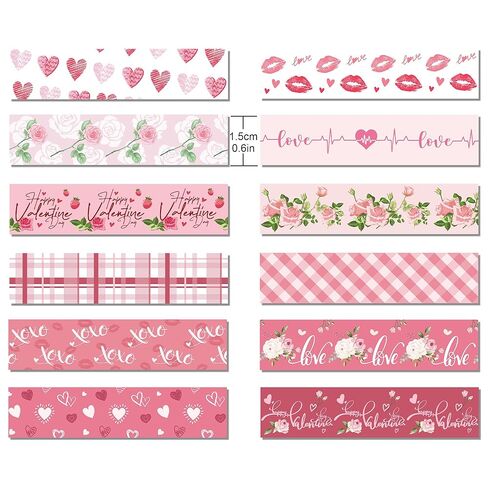 Adirasenotek 12 Rolls Pink Heart Washi Tape Decorative Tape Vintage Decorative Masking Tapes Valentine's Day Love Heart Floral Pattern for DIY Art Craft Gift Wrapping Scrapbook Journal Planners in Saudi Arabia