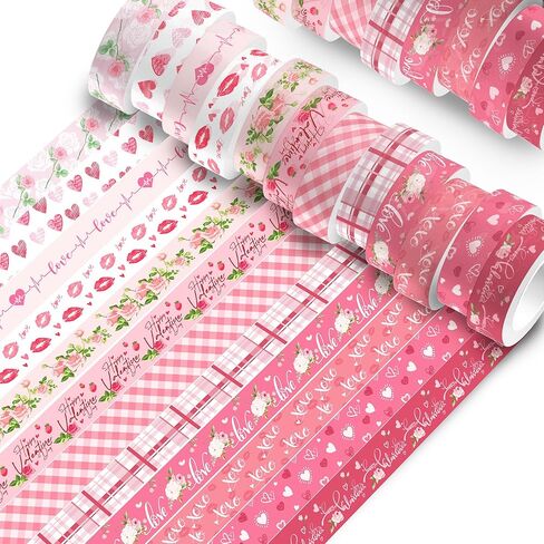 Adirasenotek 12 Rolls Pink Heart Washi Tape Decorative Tape Vintage Decorative Masking Tapes Valentine's Day Love Heart Floral Pattern for DIY Art Craft Gift Wrapping Scrapbook Journal Planners in Saudi Arabia