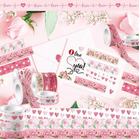 Adirasenotek 12 Rolls Pink Heart Washi Tape Decorative Tape Vintage Decorative Masking Tapes Valentine's Day Love Heart Floral Pattern for DIY Art Craft Gift Wrapping Scrapbook Journal Planners in Saudi Arabia