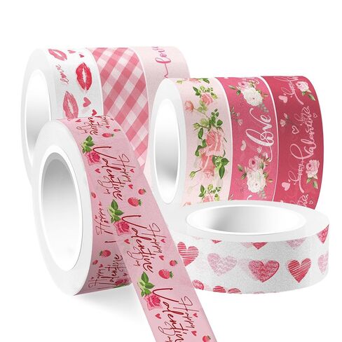 Adirasenotek 12 Rolls Pink Heart Washi Tape Decorative Tape Vintage Decorative Masking Tapes Valentine's Day Love Heart Floral Pattern for DIY Art Craft Gift Wrapping Scrapbook Journal Planners in Saudi Arabia