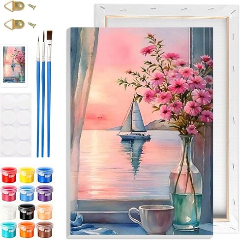GHHKUD Window Flowers Paint by Numbers Kits with Frame for Adults Beginners, DIY Landscape Paint by Numbers for Kids, Painting Art on Canvas Gifts Home Wall Decor 20x30cm in Saudi Arabia