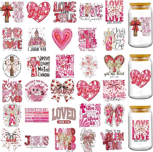 Christian Valentine UV DTF Stickers - 30 Sheets Jesus is My Valentine UV DTF Cup Wraps for 16 oz Glass Water Bottle, Pink Heart Bow Religion Transfer Sticker DIY Tumbler Journal Decor Gift for Mama in Saudi Arabia