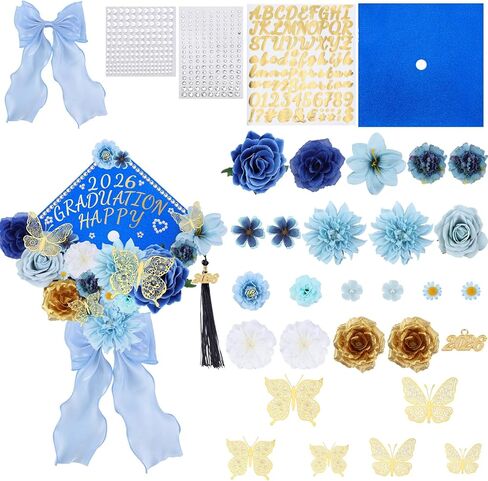 Jollyboom Graduation Cap Decorations Kit Gold, Flowers Grad Cap Decorations 2026 for Cap Topper DIY Craft Assorted Flowers Butterfly Stickers Bow Trim Gold Pendant for Grad Party Craft Decor in Saudi Arabia