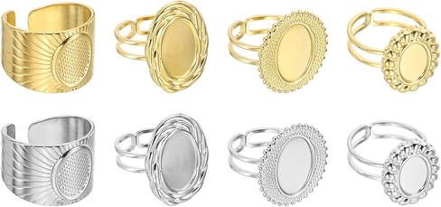 MECCANIXITY 8Pcs Stainless Steel Ring Base Blank, 10x9/10x7/14x10mm Adjustable Pad Cabochon Ring Blank Base Flat Bezel Tray for Jewelry Making Finding DIY, Gold/Silver in Saudi Arabia