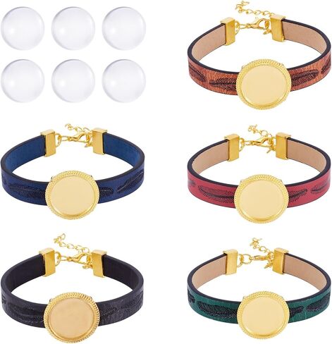 Beadthoven DIY 5Pcs Leather Bracelet Making Kit 5 Colors Adjustable Flat Round Tray Bangles Vintage Bezel Disc Bracelets with 7Pcs Clear Glass Cabochons for Jewelry Making DIY Crafts Adults Women in Saudi Arabia