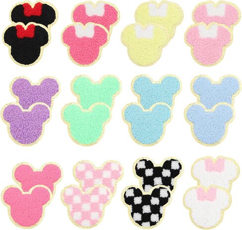 24PCS Chenille Mouse Head Iron on Patches, Colorful Bow Mouse Glitter Chenille Iron on Patches Gold Trimmed Embroidered Fabric Patches Applique Sew on Patch for Clothing Backpack DIY in Saudi Arabia