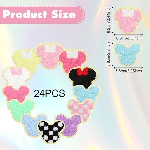 24PCS Chenille Mouse Head Iron on Patches, Colorful Bow Mouse Glitter Chenille Iron on Patches Gold Trimmed Embroidered Fabric Patches Applique Sew on Patch for Clothing Backpack DIY in Saudi Arabia
