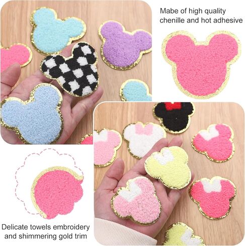 24PCS Chenille Mouse Head Iron on Patches, Colorful Bow Mouse Glitter Chenille Iron on Patches Gold Trimmed Embroidered Fabric Patches Applique Sew on Patch for Clothing Backpack DIY in Saudi Arabia