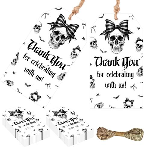 Serencatcher Gothic Theme Party Decorations 50pcs Gothic Bow Thank You Gift Tags with String Skull Party Favor Tags for Rip to My 20s 30s Birthday Goth Wedding Bridal Shower Bachelorette Party Favors in Saudi Arabia