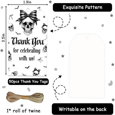 Serencatcher Gothic Theme Party Decorations 50pcs Gothic Bow Thank You Gift Tags with String Skull Party Favor Tags for Rip to My 20s 30s Birthday Goth Wedding Bridal Shower Bachelorette Party Favors in Saudi Arabia